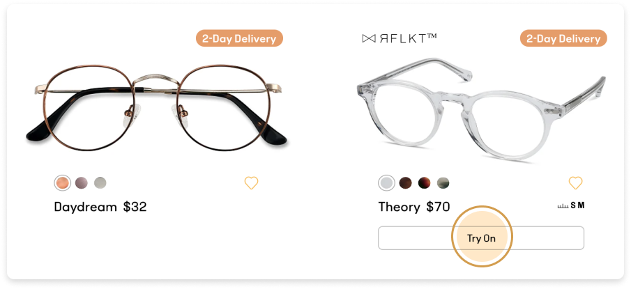 An eyeglasses frame with the virtual try-on button