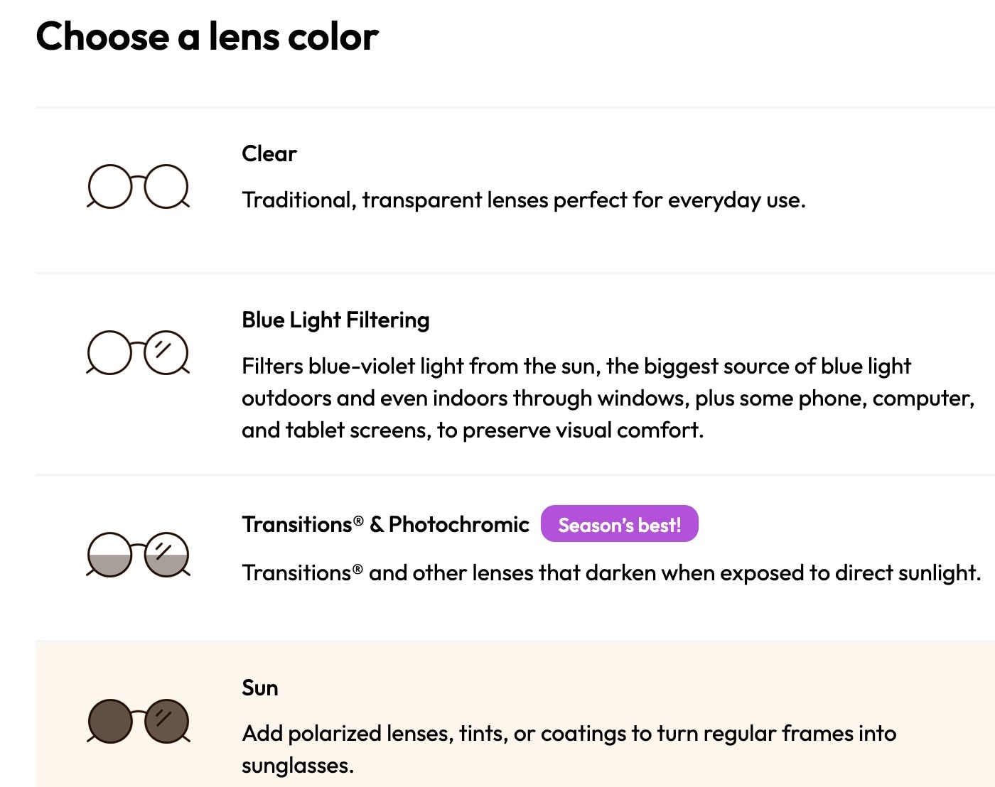 A screenshot showing how to select lens tint on the Eyebuydirect website