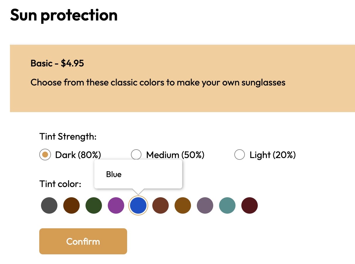 A screenshot showing how to select lens color on the Eyebuydirect website