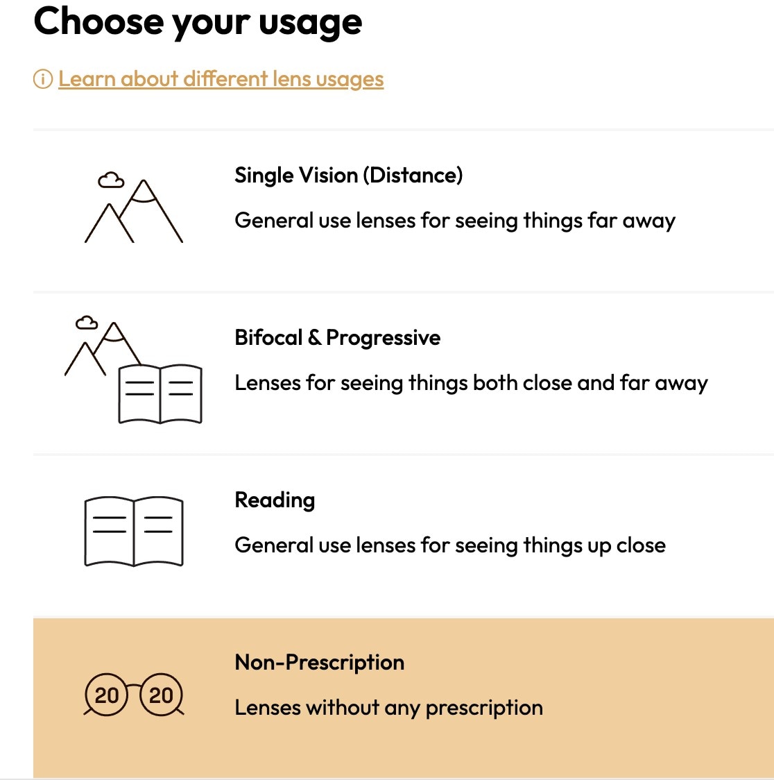A screenshot showing how to select lens usage on the Eyebuydirect website