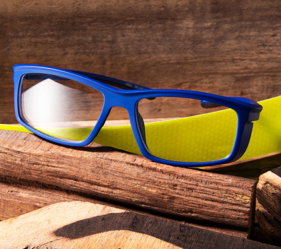 A pair of blue safety glasses