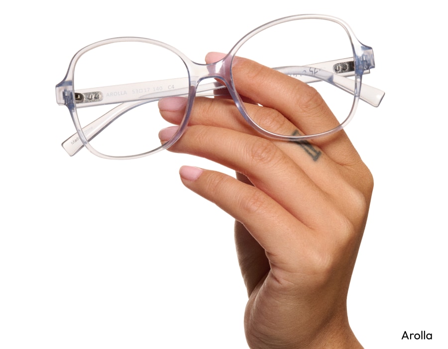 A hand holding a pair of round eyeglasses with clear frames