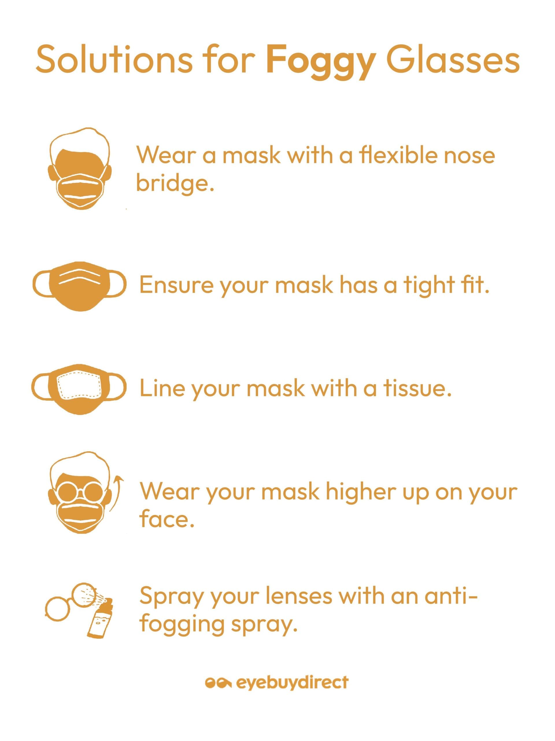 An infographic showing solutions for glasses fogging up while wearing a mask