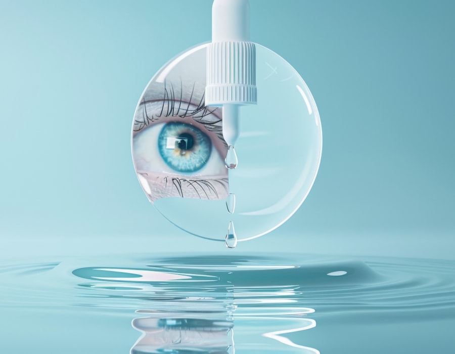 An image showing an eye reflected in a lens with an eyedrop dropper dripping