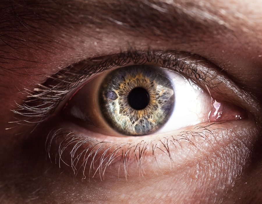 A closeup of an eye with colorful pupils