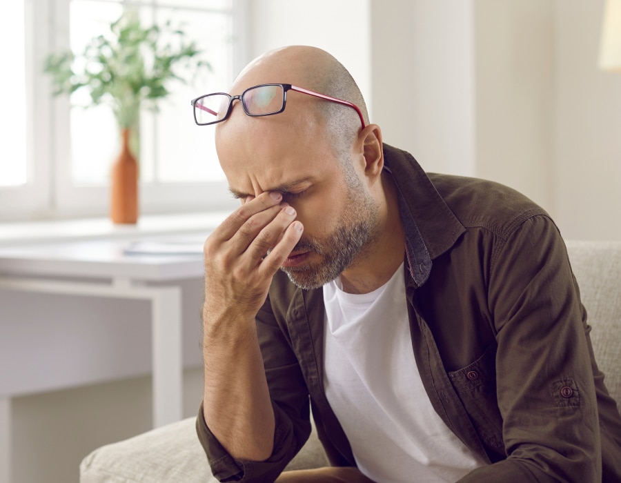 A man holding his nose bridge suffering from a migraine