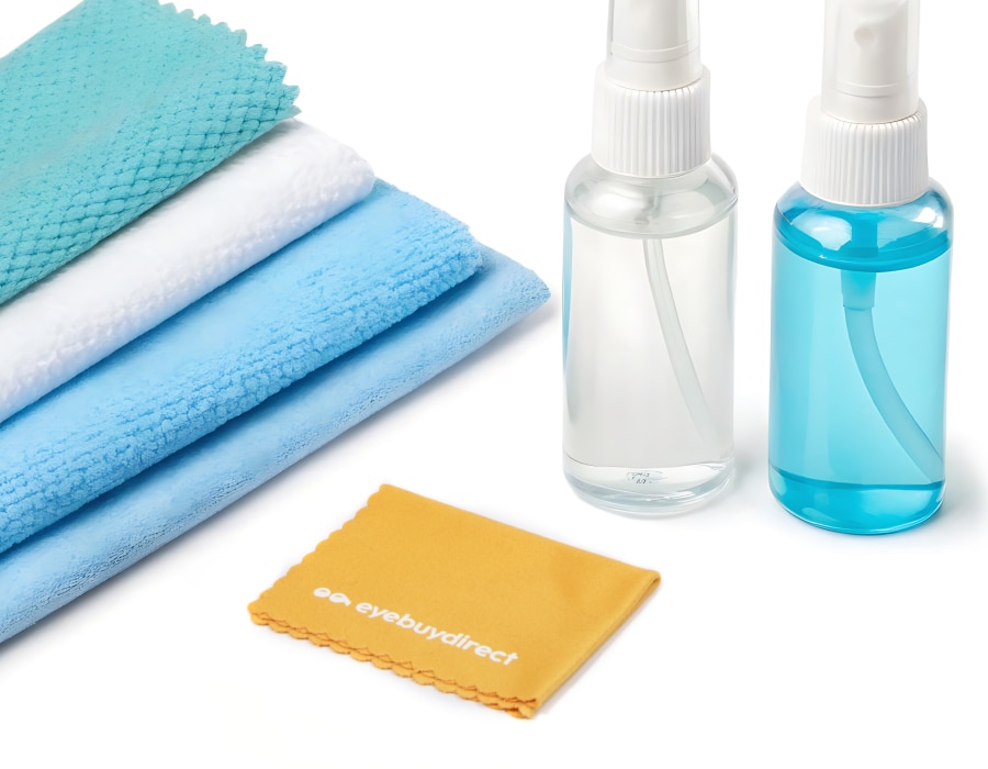 A set of eyewear cleaning products with an Eyebuydirect brand microfiber cloth