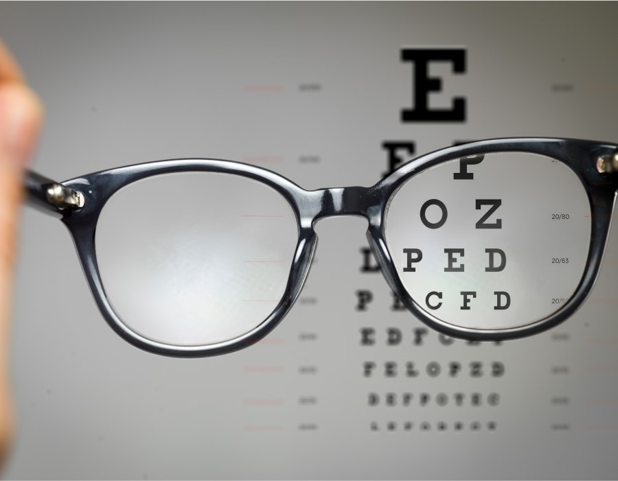 A snellen eye chart behind a pair of eyeglasses