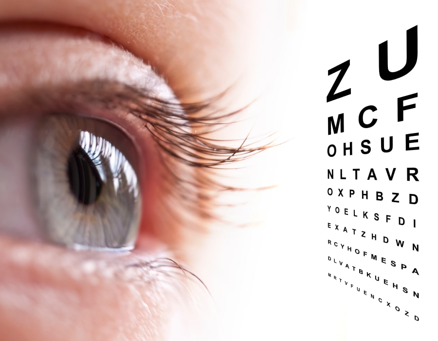 A closeup of an eye and a snellen eye chart