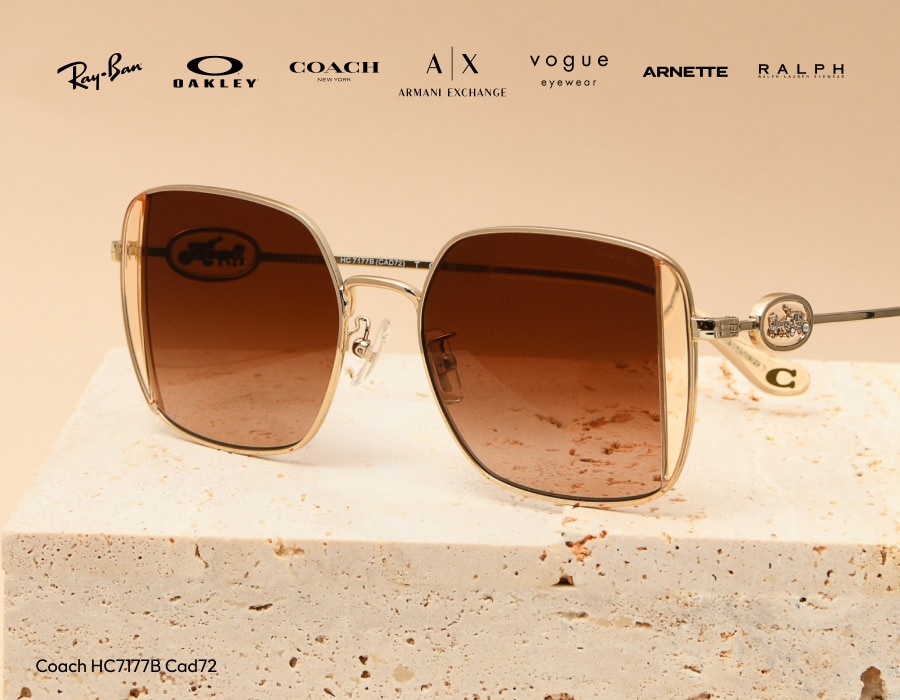 A pair of sunglasses with the logos of different sunglasses brands above the frame