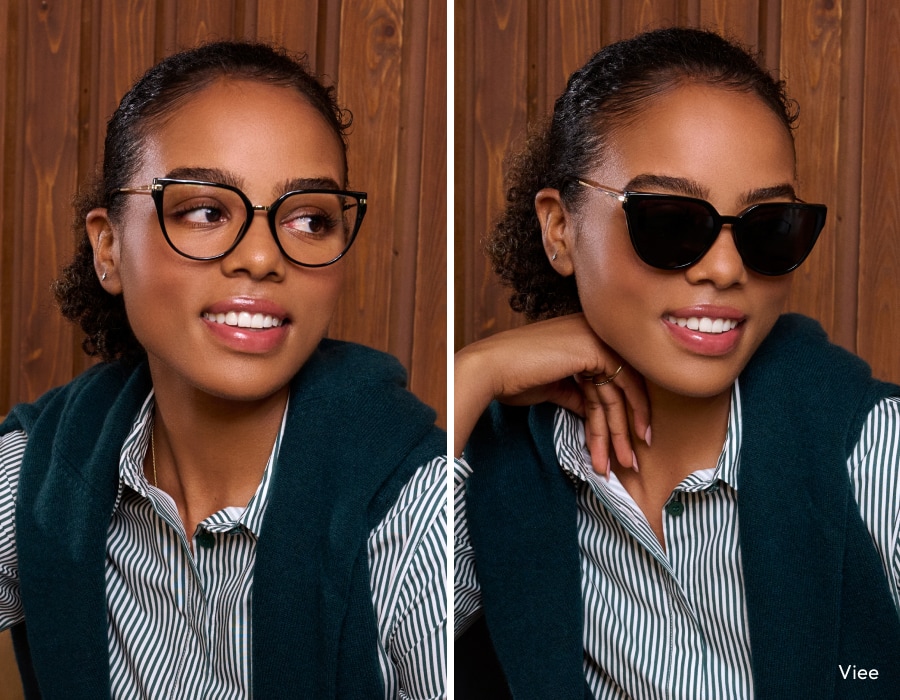 An image showing a woman wearing eyeglasses on the left, and eyeglasses with clip-on sunglasses on the right