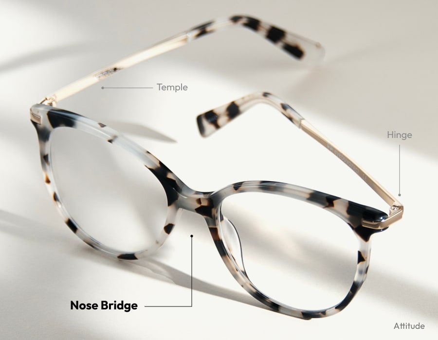 A pair of eyeglasses with black and white frames with different parts labelled.