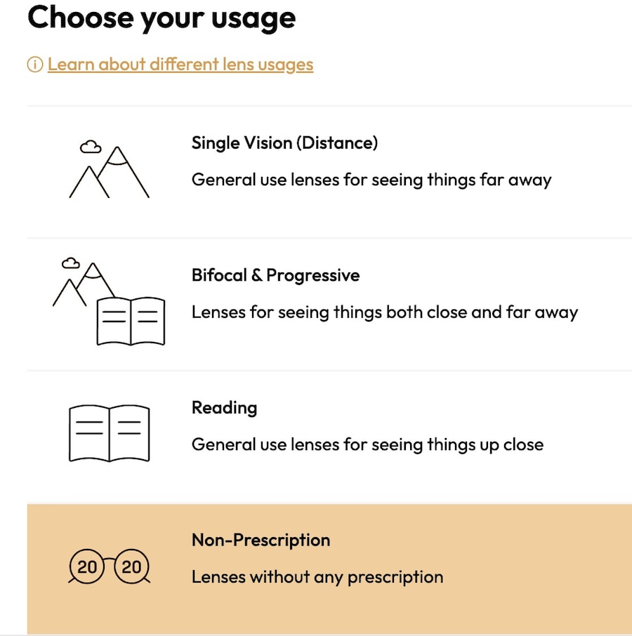 A screenshot showing how to select lens usage on the Eyebuydirect website
