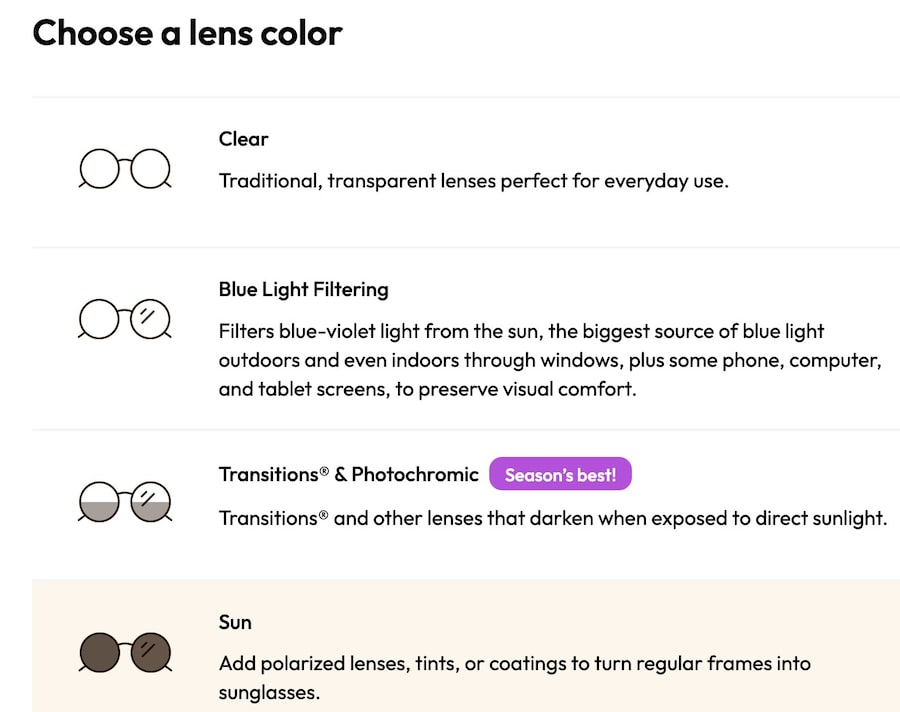 A screenshot showing how to select lens tint on the Eyebuydirect website