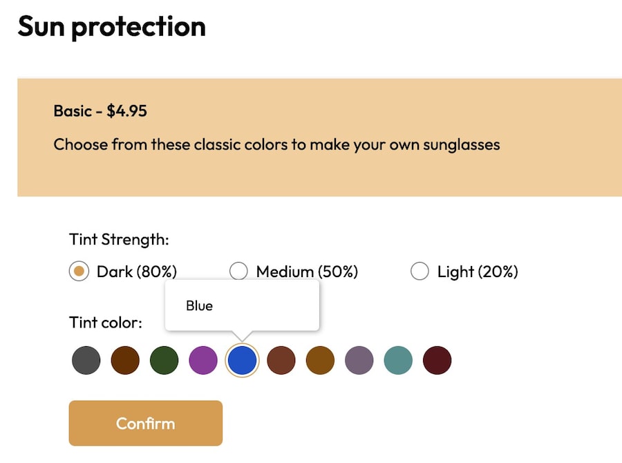 A screenshot showing how to select lens color on the Eyebuydirect website