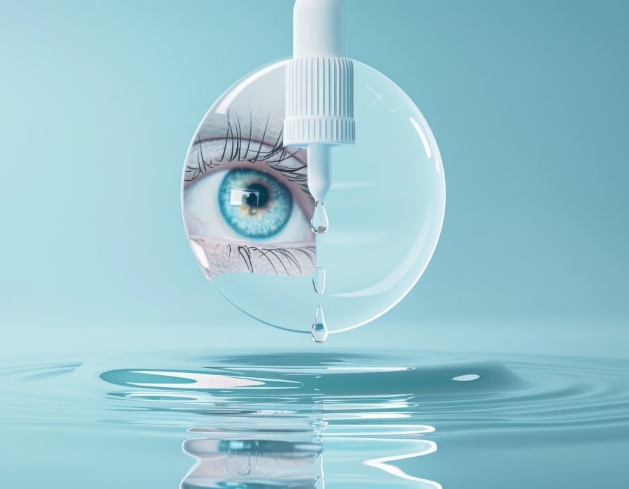 An image showing an eye reflected in a lens with an eyedrop dropper dripping