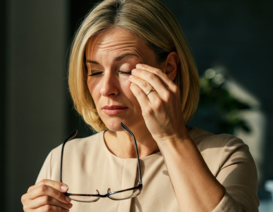 A woman holding her eyeglasses trying to get something out of her eye