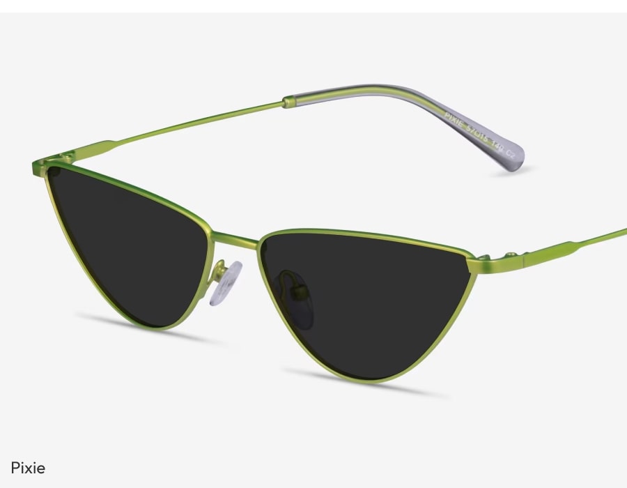 A pair of angular sunglasses with green frames