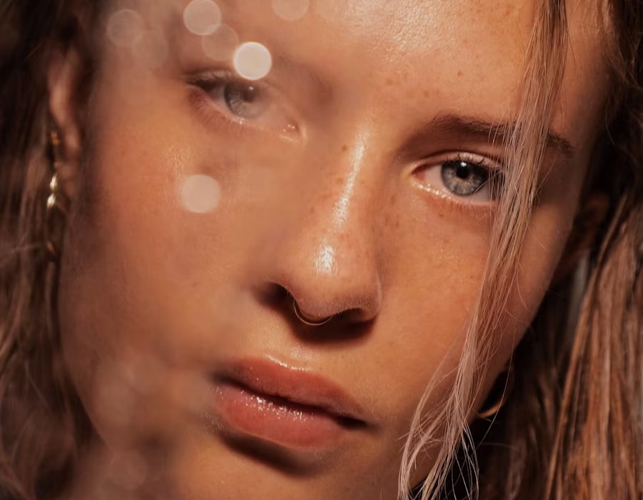 A closeup of a woman's face with blonde hair and grey eyes