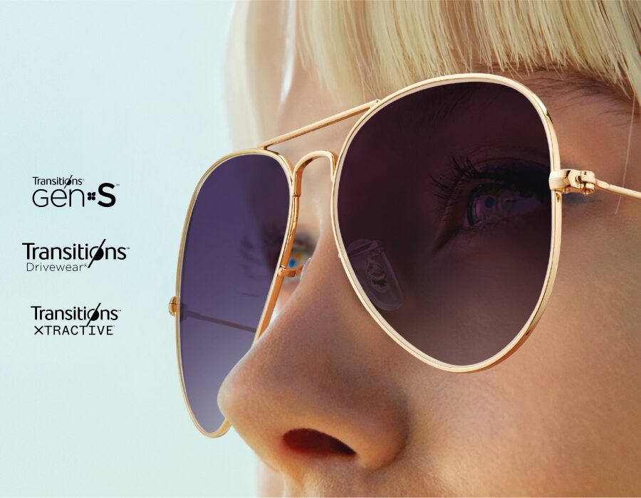 A closeup of a woman wearing transitions sunglasses