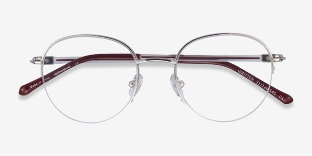 Written Silver Red MetalEyeglass Frames from EyeBuyDirect, Closed View