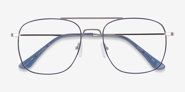 Perry Blue & Silver MétalMontures de lunettes de vue d'EyeBuyDirect, Vue Rapprochée