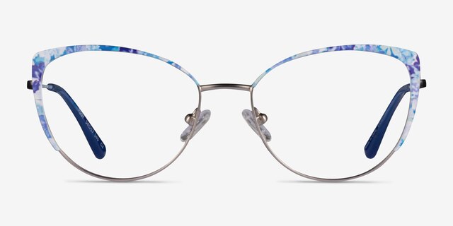 Posy Matt Silver Blue Floral MetalEyeglass Frames from EyeBuyDirect, Front View