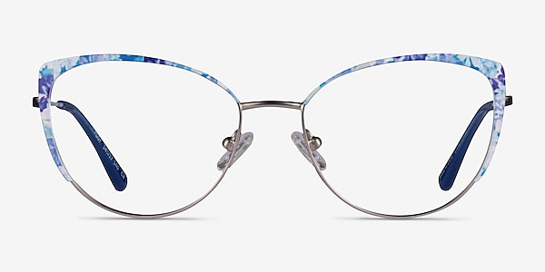 Posy Matt Silver Blue Floral Metal Eyeglass Frames