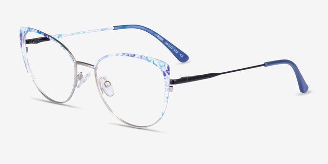 Posy Matt Silver Blue Floral MetalEyeglass Frames from EyeBuyDirect, Angle View