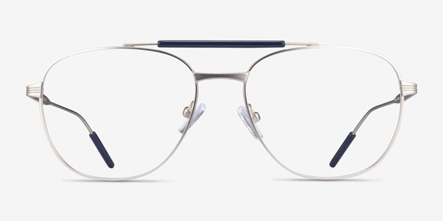 Tatum Navy Matte Silver MetalEyeglass Frames from EyeBuyDirect, Front View