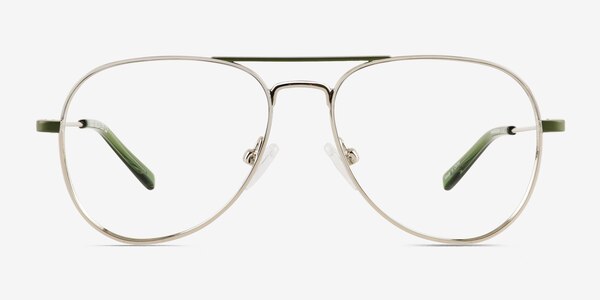 Buzz Shiny Silver Green Metal Eyeglass Frames