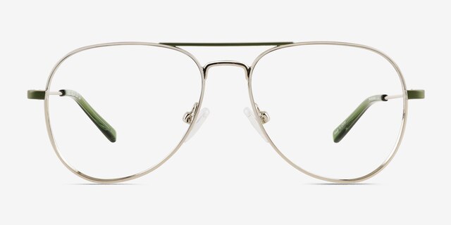 Buzz Shiny Silver Green MetalEyeglass Frames from EyeBuyDirect, Front View
