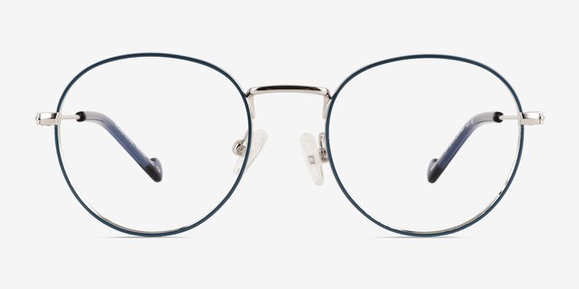 Wondrous Shiny Silver Blue MetalEyeglass Frames from EyeBuyDirect, Front View