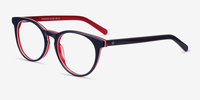 Tradition Navy & Red AcetateEyeglass Frames from EyeBuyDirect, Angle View