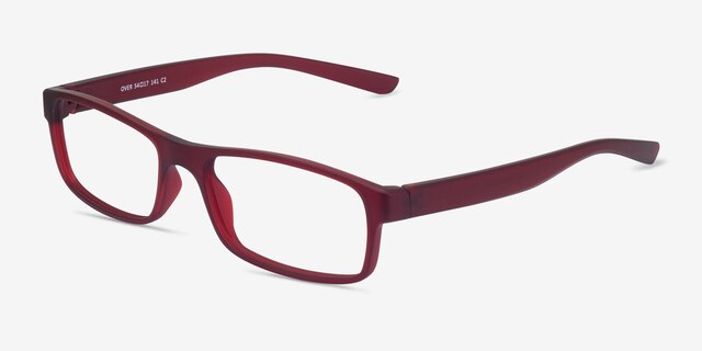 Over Dark Red PlasticEyeglass Frames from EyeBuyDirect, Angle View