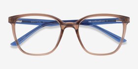 Identical Clear Brown & Blue Plastique Montures de lunettes de vue d'EyeBuyDirect, Vue Rapprochée