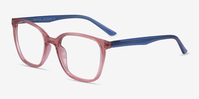 Identical Clear Pink & Clear Blue PlasticEyeglass Frames from EyeBuyDirect, Angle View