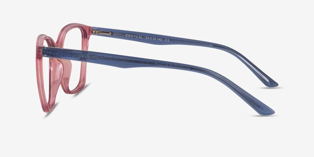 Identical Clear Pink & Clear Blue PlasticEyeglass Frames from EyeBuyDirect, Side View
