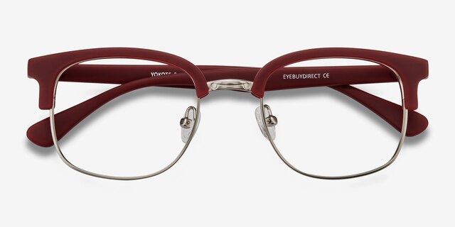 Yokote Matte Burgundy Plastic-metalMontures de lunettes de vue d'EyeBuyDirect, Vue Rapprochée