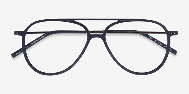 Clip Matte Navy & Gold Plastic-metalEyeglass Frames from EyeBuyDirect, Closed View