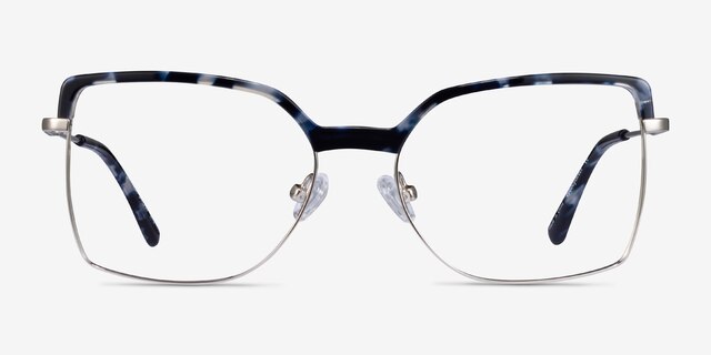 Further Blue Floral & Silver Acetate-metalEyeglass Frames from EyeBuyDirect, Front View