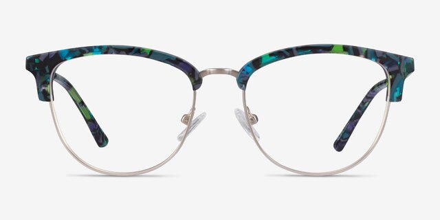 Sophisticated Blue Floral & Silver Acetate-metalEyeglass Frames from EyeBuyDirect, Front View