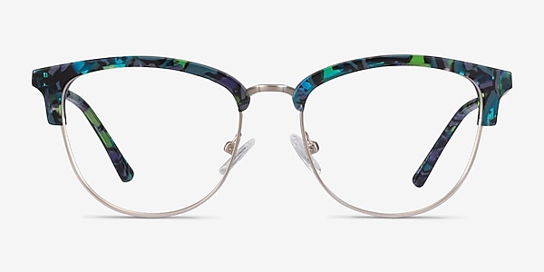 Sophisticated Blue Floral & Silver Acetate-metal Montures de lunettes de vue