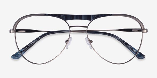 Mission Blue Striped & Gunmetal Acetate-metalEyeglass Frames from EyeBuyDirect, Closed View