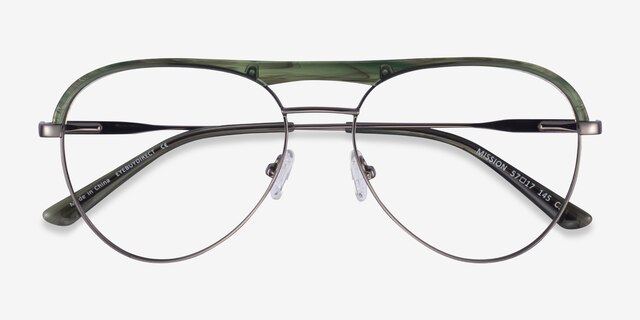 Mission Green Striped & Gunmetal Acetate-metalMontures de lunettes de vue d'EyeBuyDirect, Vue Rapprochée