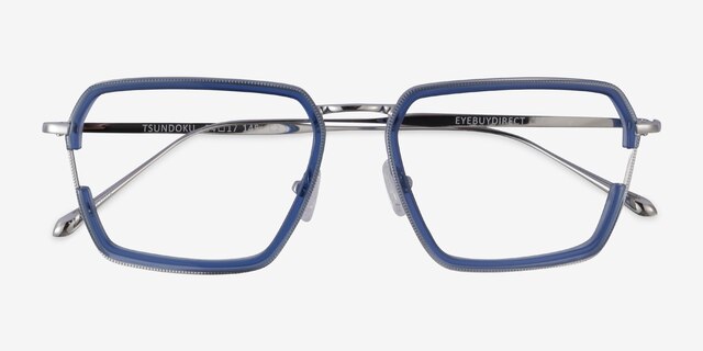Tsundoku Clear Blue Silver AcetateEyeglass Frames from EyeBuyDirect, Closed View