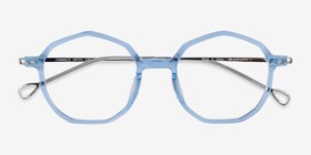 Carmelo Clear Blue Acétate Montures de lunettes de vue d'EyeBuyDirect, Vue Rapprochée