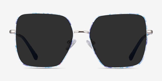 Fleur Shiny Sliver Blue Floral MetalSunglass Frames from EyeBuyDirect, Front View