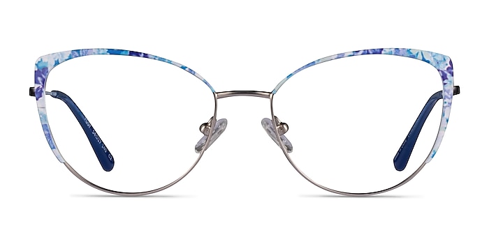 Posy Matt Silver Blue Floral Metal Eyeglass Frames from EyeBuyDirect