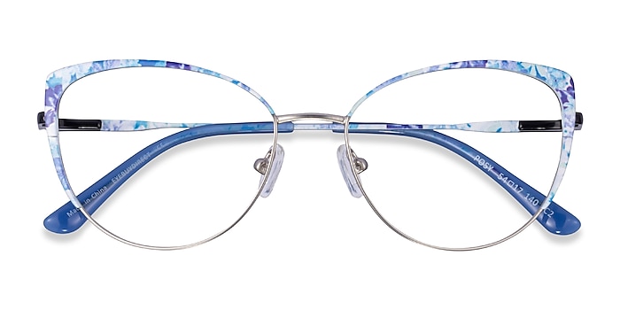 Matt Silver Blue Floral Posy -  Metal Eyeglasses
